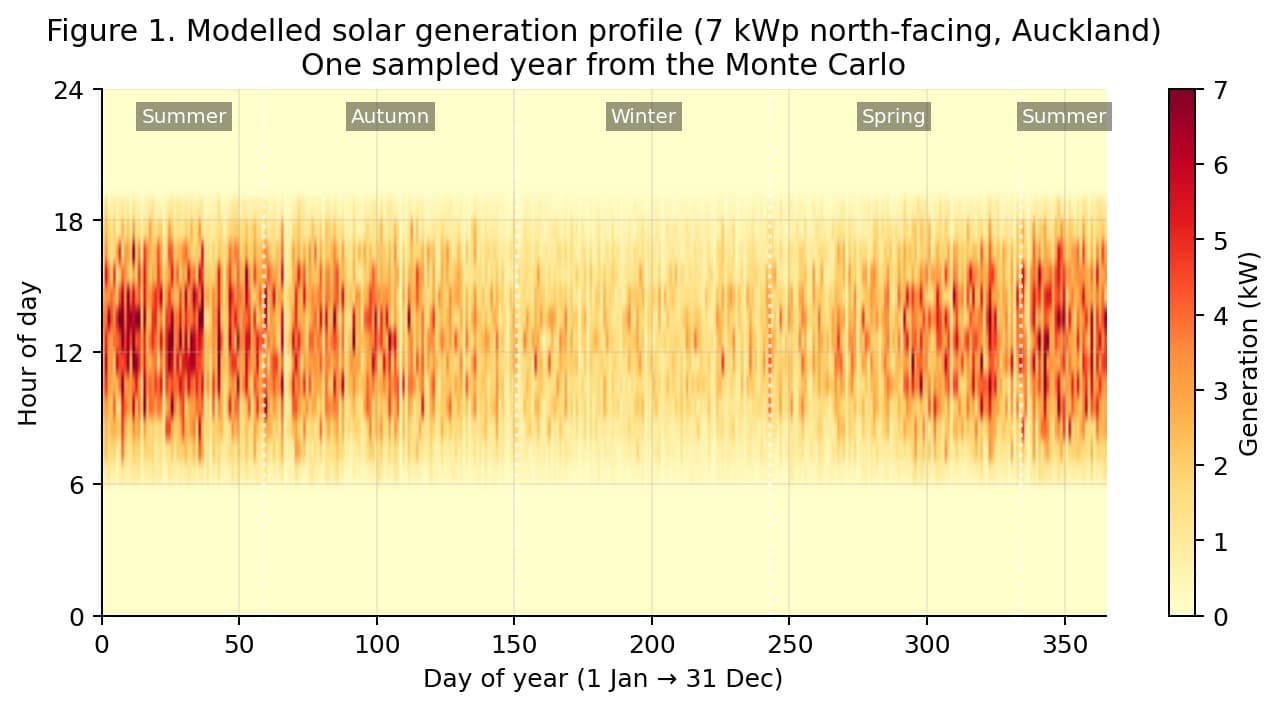Heatmap of modelled hourly solar generation for a 7 kWp north-facing Auckland system over one sampled year. The 10:00–16:00 window is consistently hot (2–7 kW) across summer and autumn; winter (days 150–240) shows a narrower and lower-intensity band.