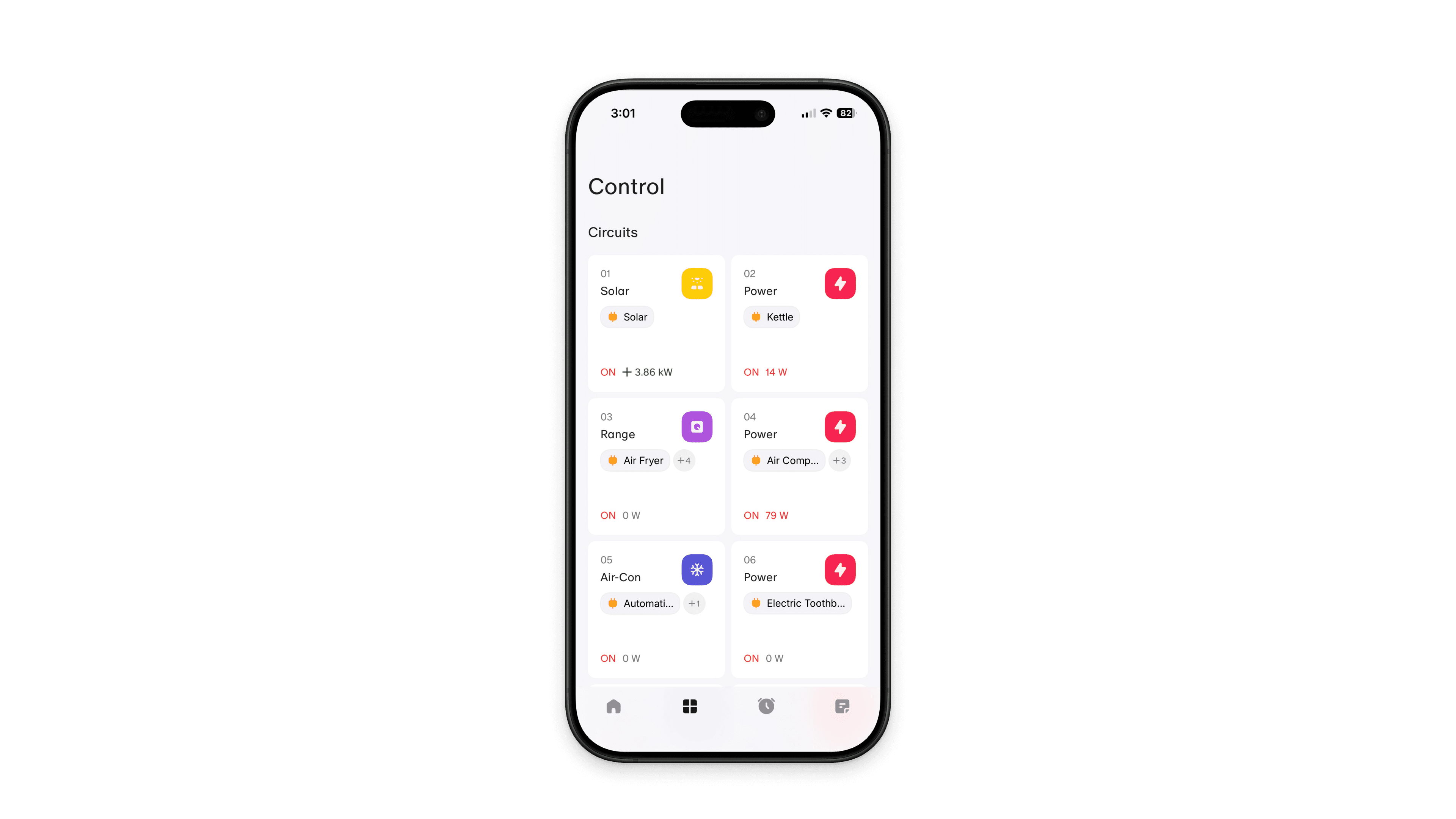 The Basis app Control screen showing live per-circuit power for Solar, Power, Range and Air-Con.