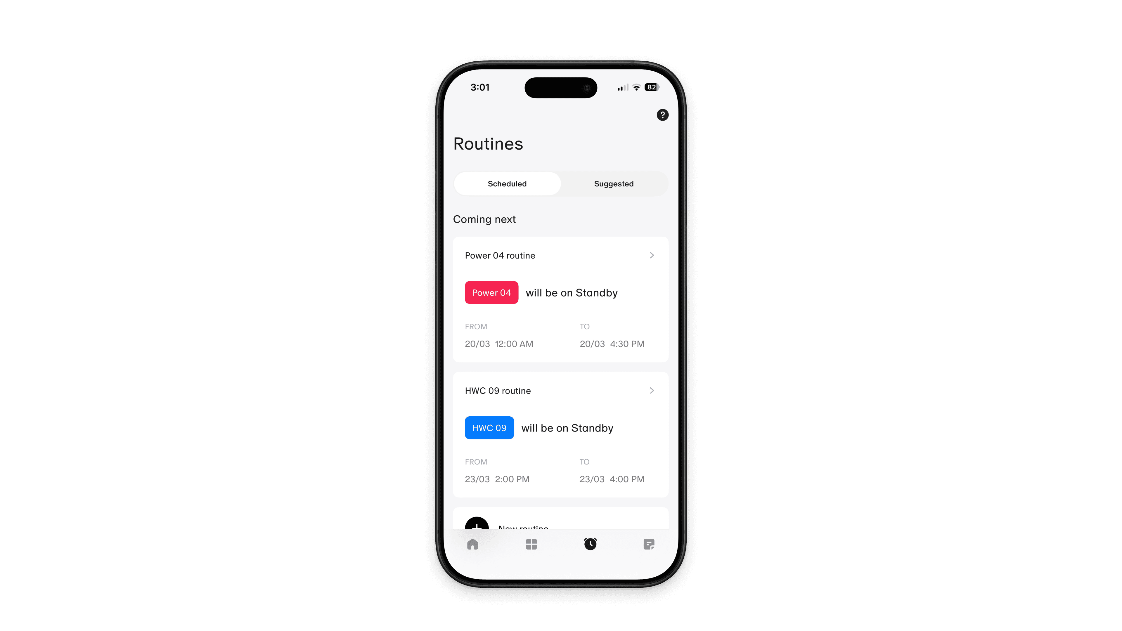 Basis Home App Routines screen showing scheduled routines that put Power and Hot Water circuits on standby during peak windows.