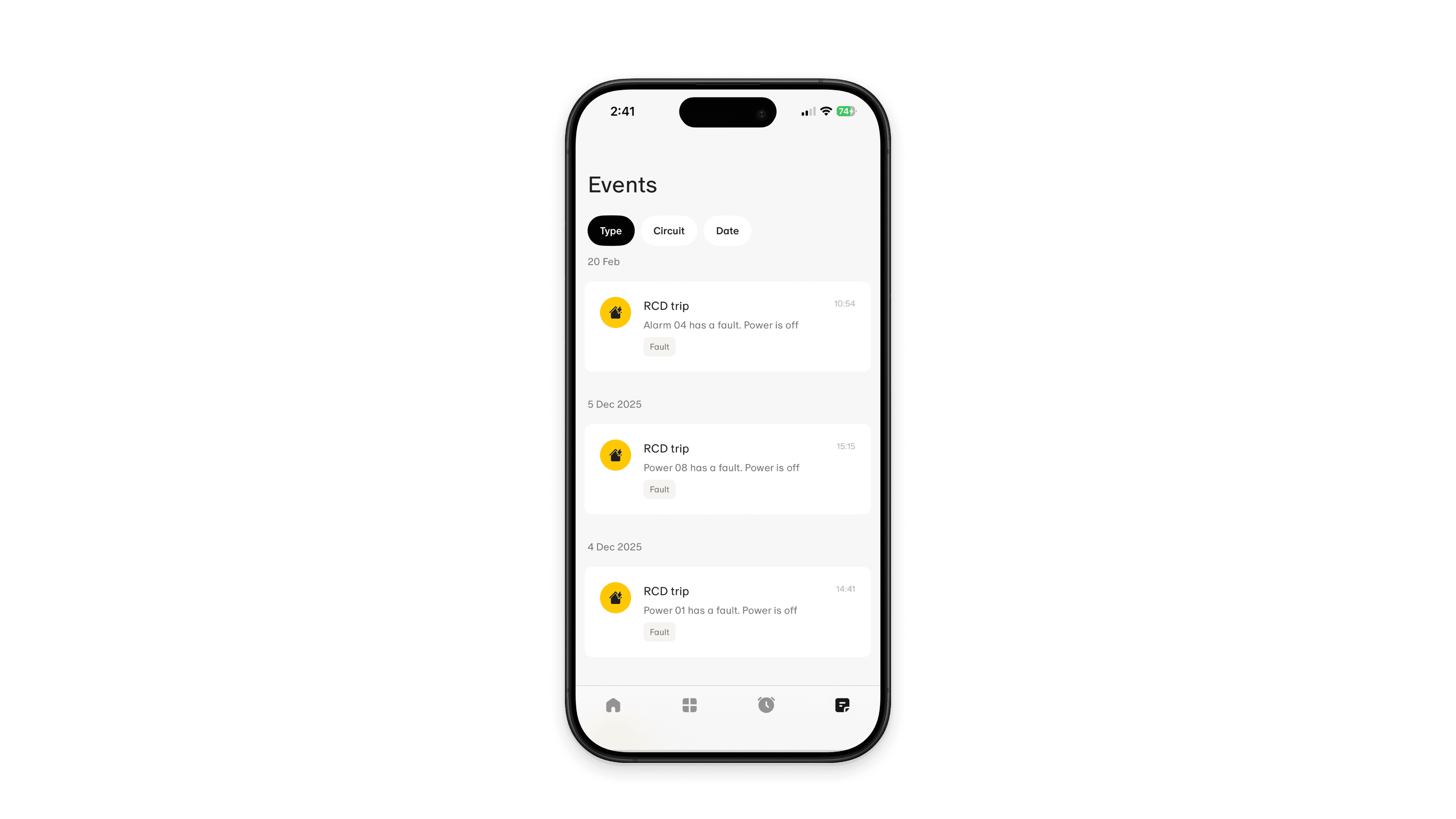 Basis Home App Events screen showing a log of timestamped RCD trips per-circuit.