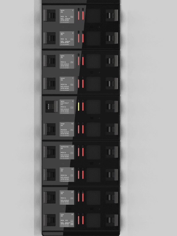 Close-up of a Basis Board's modules with red trip indicators in their idle state.