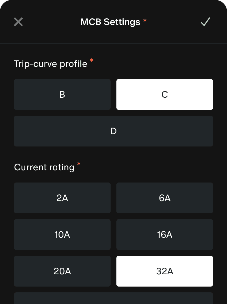 Basis Trade App MCB Settings screen showing trip-curve profile B/C/D and current rating 2A-32A options, with C and 32A selected.