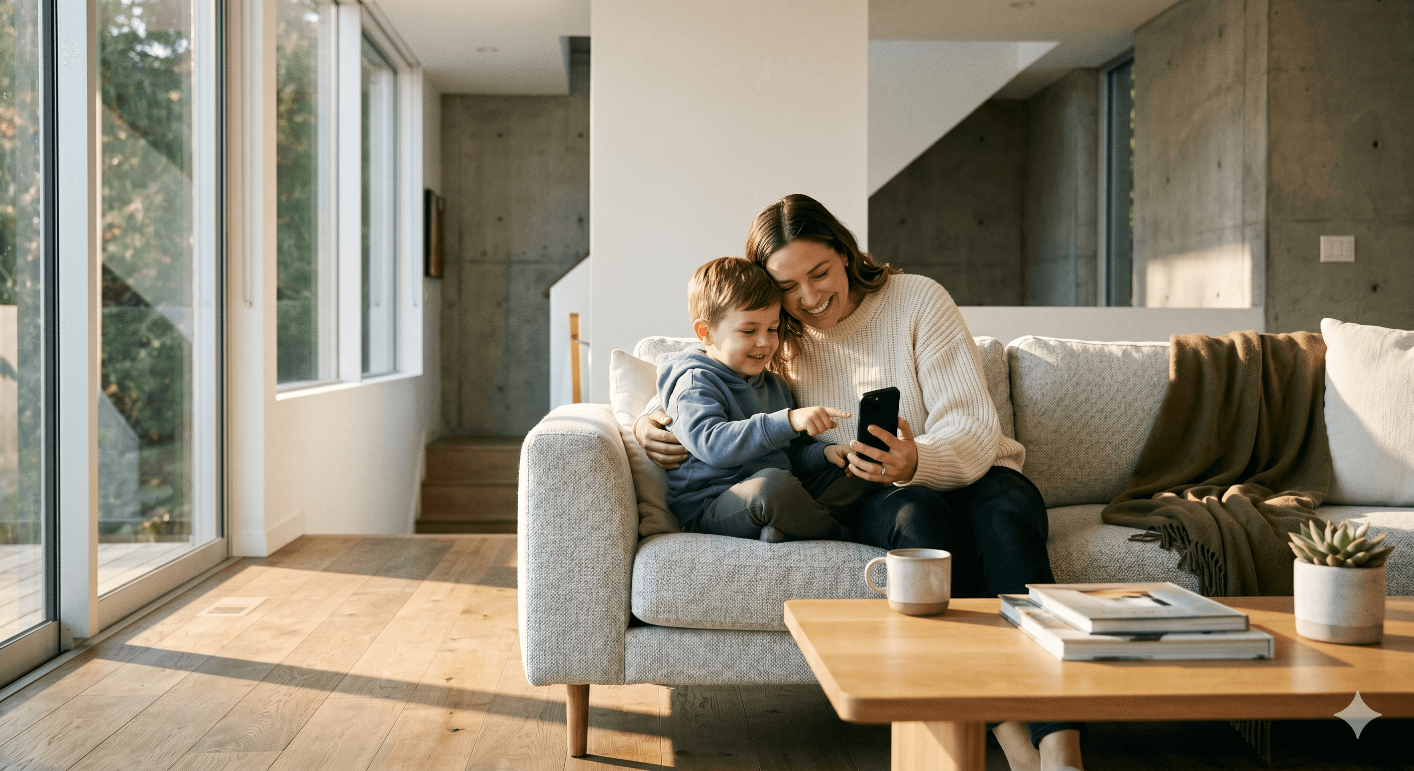 A mother and young son sitting together on a couch at home, smiling while looking at a phone in warm afternoon light.