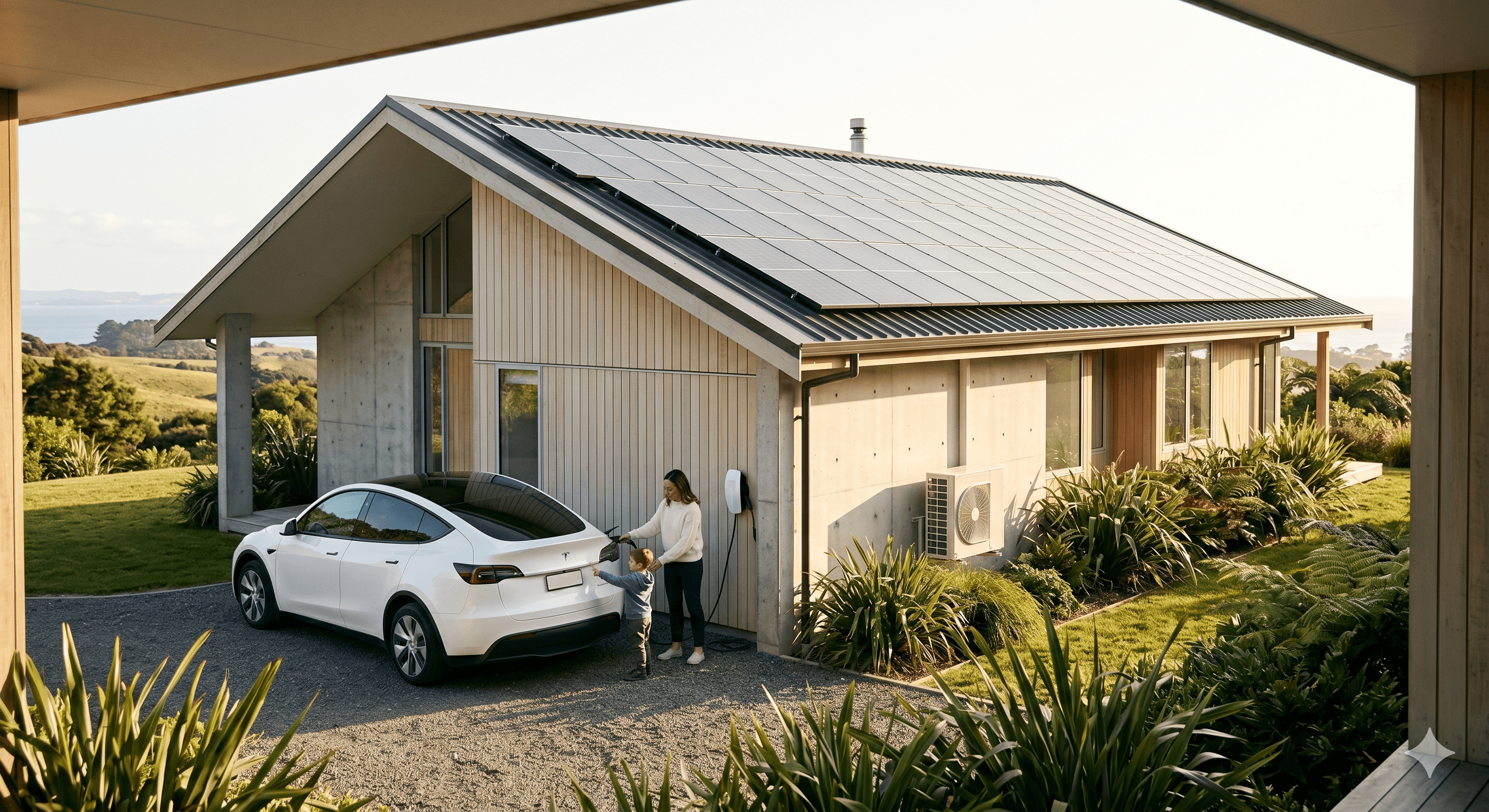 A modern New Zealand home with rooftop solar and an EV charging in the carport.