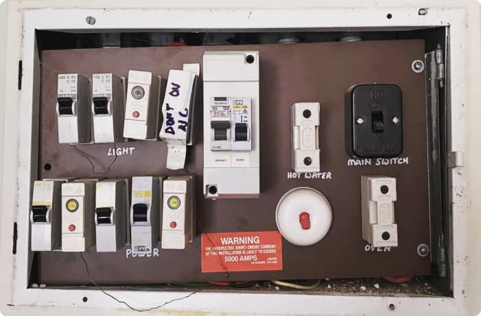 A grimy 1960s hand-labelled household fuse box