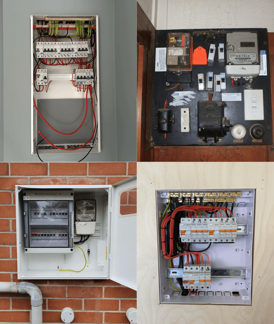 Four legacy NZ switchboards showing the messy reality of older installs