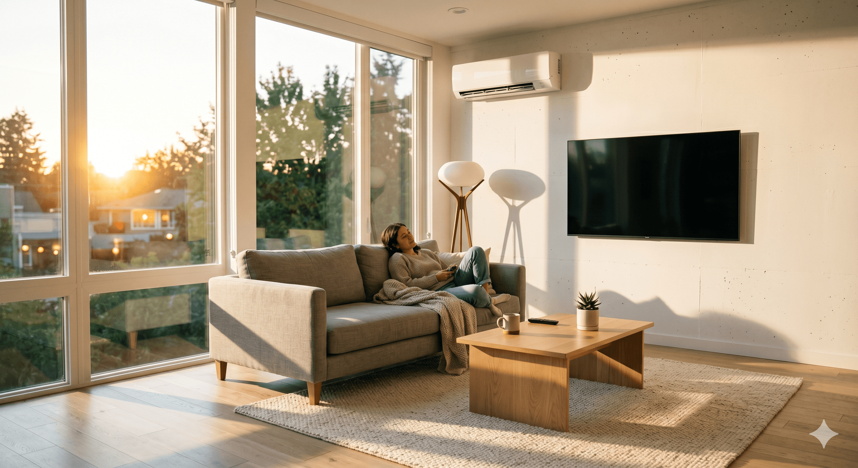A person relaxing on the couch in a warm, modern living room at golden hour, with a wall-mounted heat pump above and a TV opposite.