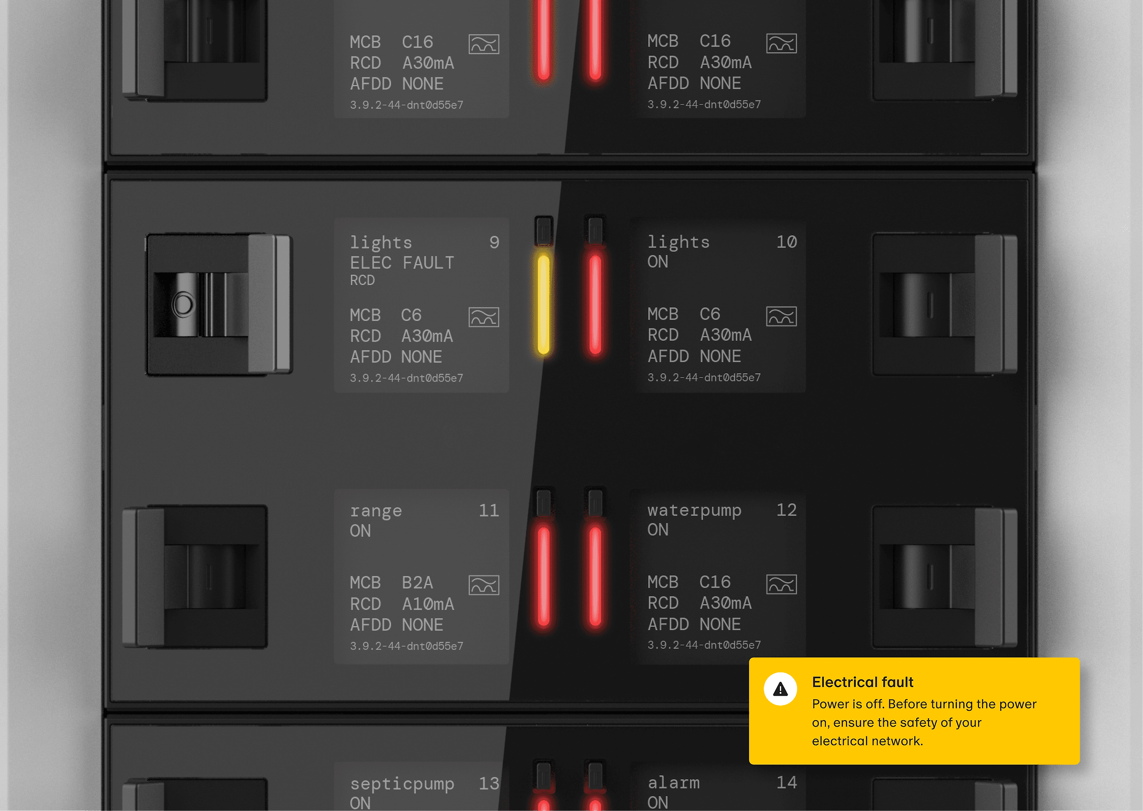 Close-up of a Basis Board with red glowing trip indicators and an in-app 'Electrical fault' alert overlay flagging a fault on the lights circuit.
